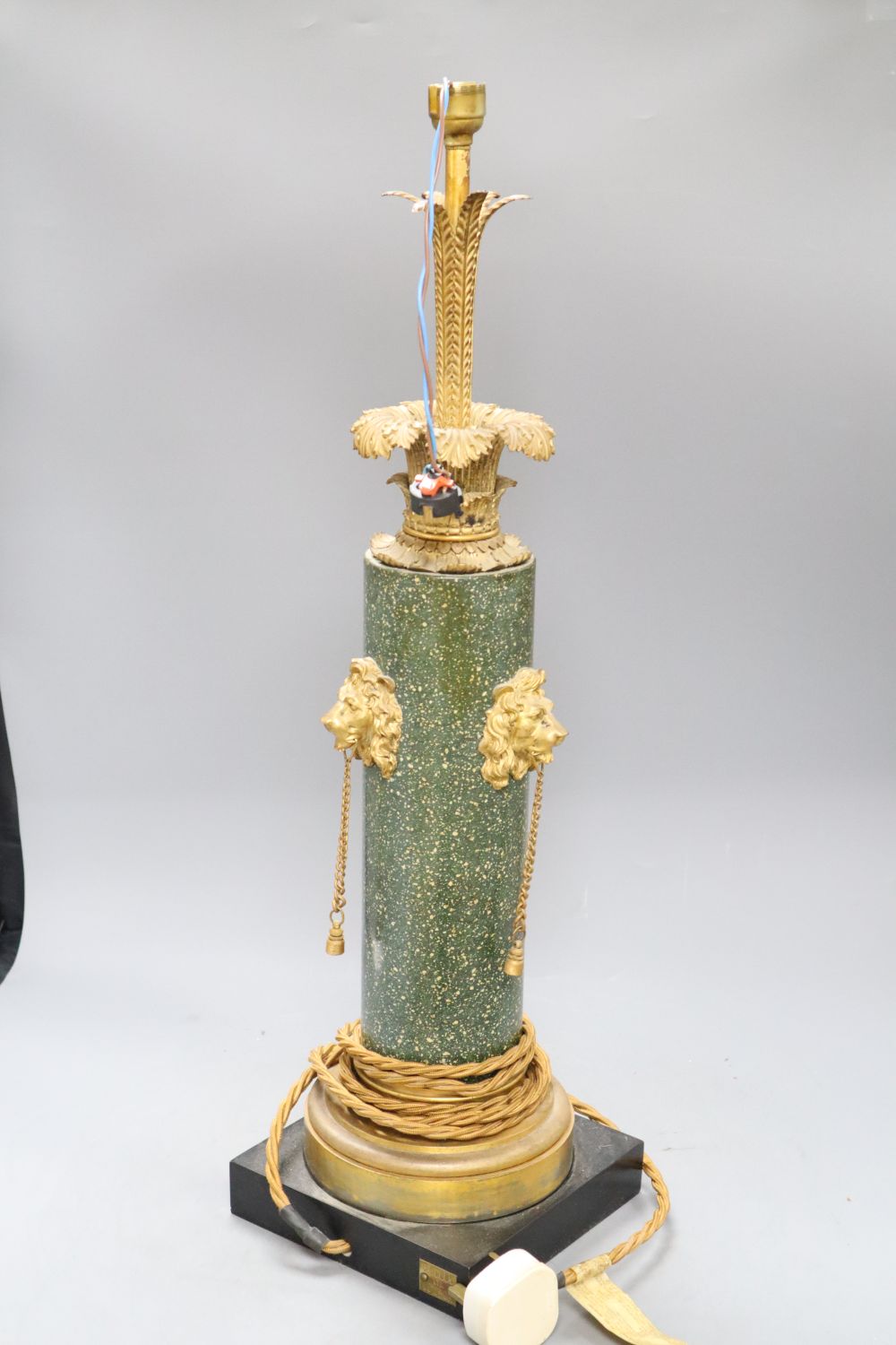 A Hobbs ormolu and marble table lamp, overall length 64cm